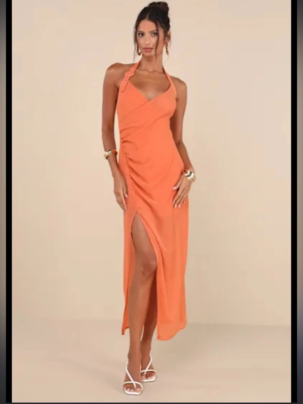 Lulus | Dresses | Nwt Lulus Orange Halter Ruched Maxi Dress Xlarge |  Poshmark